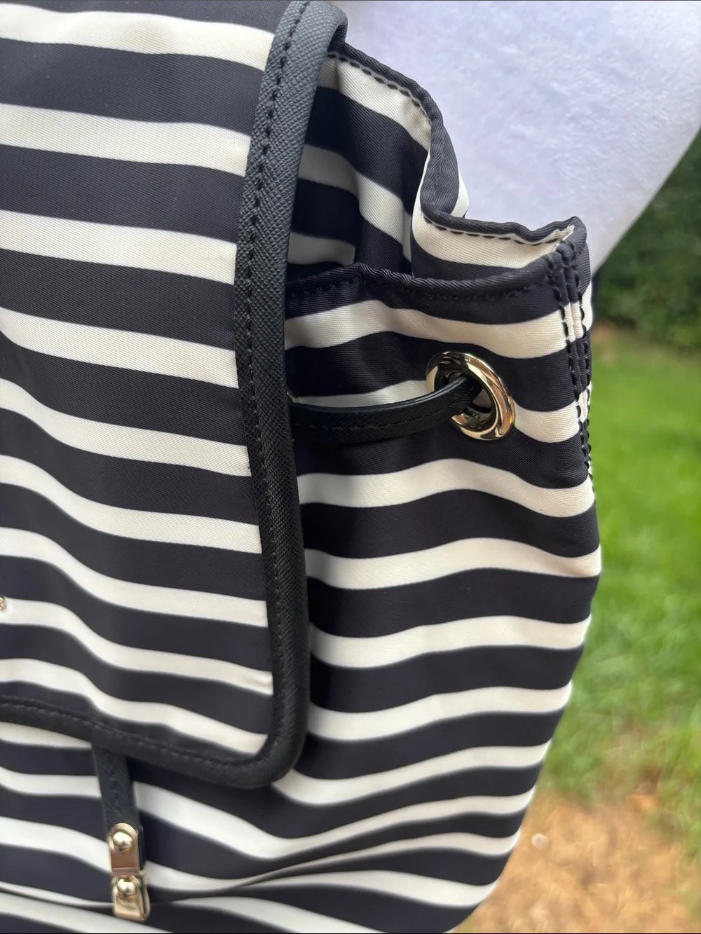 kate spade Black and White Striped Nylon Drawstring Backpack